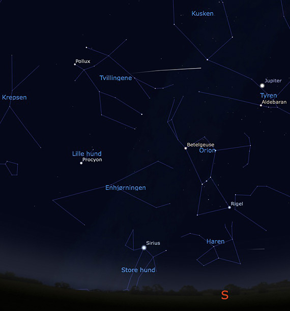 Stjernehimmelen mot sørøst natt til 14. desember 2012