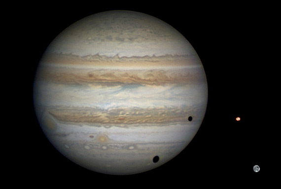 Jupiter og månene Io og Ganymedes