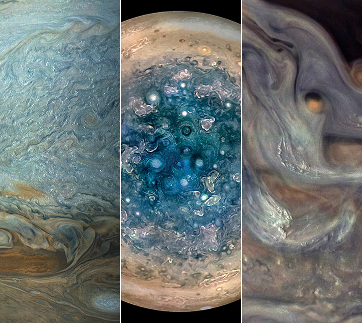 Tre bildeutsnitt fra Jupiter-sonden Juno