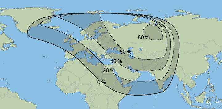 Verdenskart for solformørkelsen 25. oktober 2022