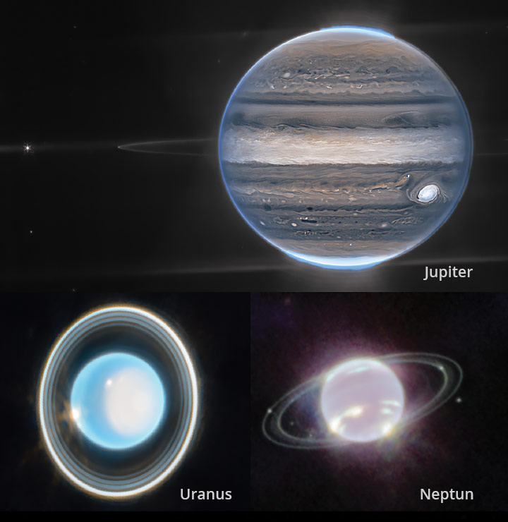 Jupiter, Uranus og Neptun avbildet med Romteleskopet James Webb